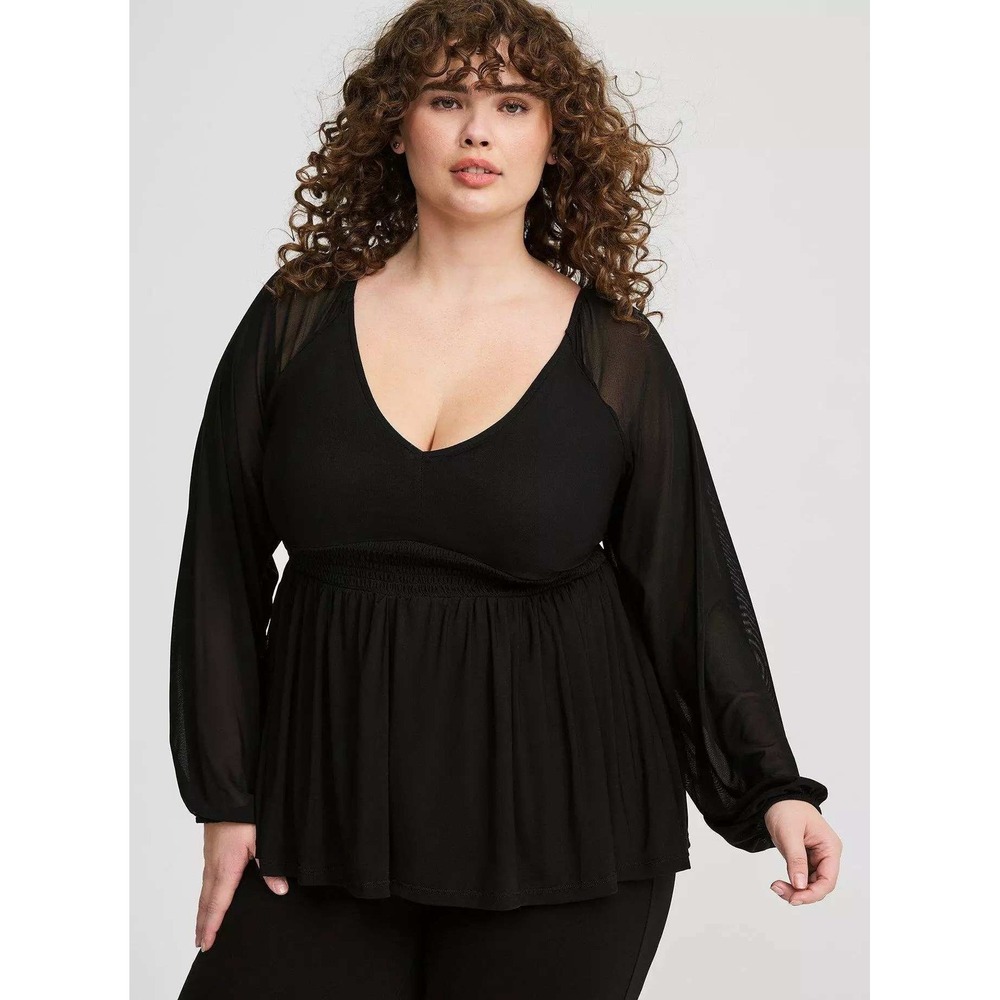 Torrid Black Blouson Long Sleeve Mesh Babydoll Top Blouse Size 1 (1X) NWT